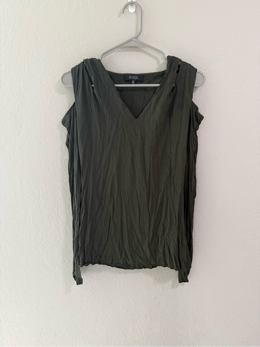 ANGL Olive Green Draped Sleeveless V Neck Blouse Top Size M